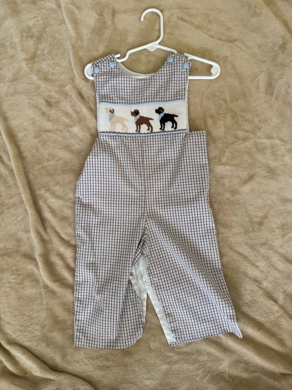 Plaid Puppy Smocked Cotton Kids One-Piece Bodysuit - Blue/Brown/Black